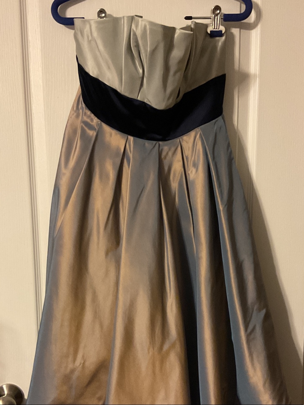 Strapless Satin Evening Gown in Silver and Black